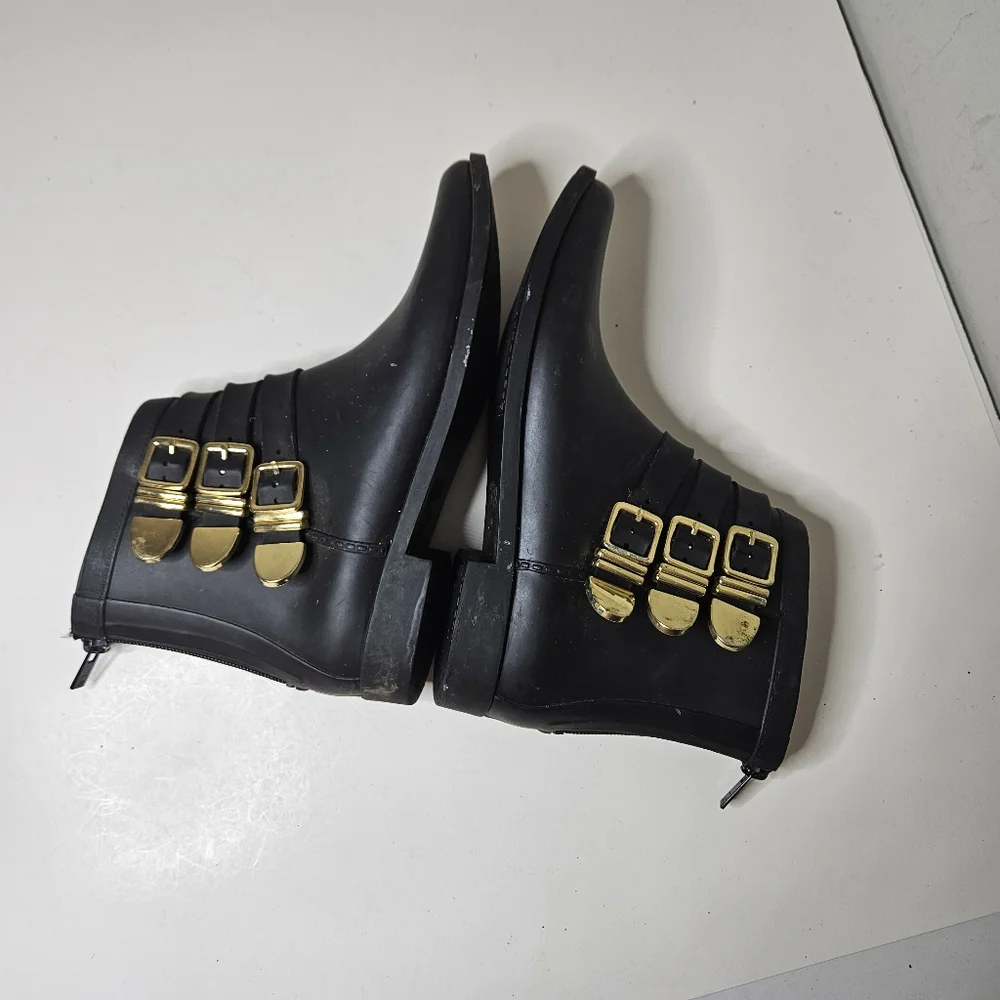 Randall Loeffler Rubber Rain Boots Black Gold Buckles Ankle Booties 8